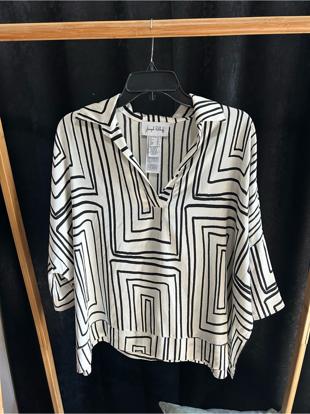 Joseph Ribkoff Black & White Geometric Collared V-Neck Blouse